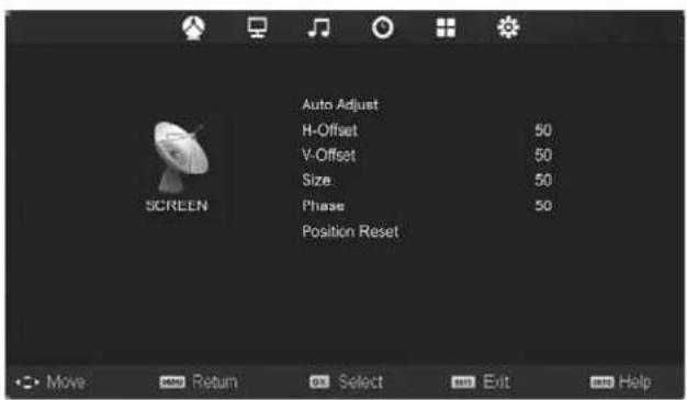 Auto Adjust H-Offset 50 V-Offset 50 Size 50 Phase 50 Position Reset SCREEN
