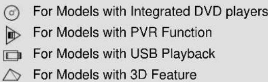 For Models with Integrated DVD players For Models with PVR Function For Models with USB Playback For Models with 3D Feature