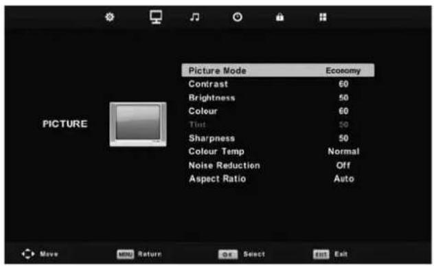 Picture Mode Economy Contrast 60 Brightness 50 Colour 60 Test 50 Sharpness 50 Colour Temp Normal Noise Reduction Off Aspect Ratio Auto MOVE MIN Return Select Exit Exit