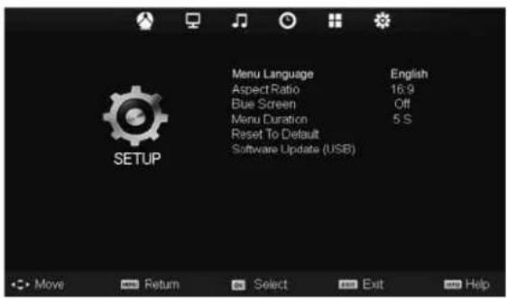 Menu Language English Aspect Ratio 16:9 Blue Screen Off Menu Duration 5 S Reset To Default Software Update (USB) SETUP Move Return Select Exit Help