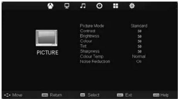 Picture Mode Contrast Brightness Colour Tint Sharpness Colour Temp Noise Reduction Standard 50 50 50 50 Normal On PICTURE Move Return Select Exit Help
