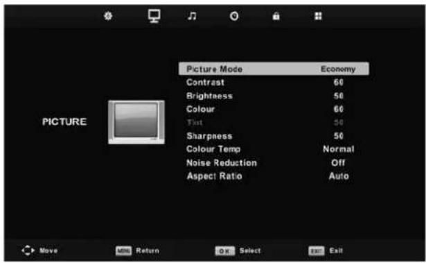 Picture Mode Economy Contrast 60 Brightness 50 Colour 60 Text 50 Sharpness 50 Colour Temp Normal Noise Reduction Off Aspect Ratio Auto
