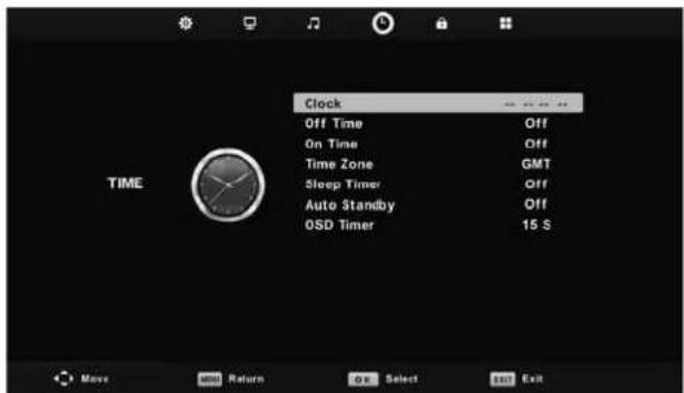 Clock Off Time Off On Time Off Time Zone GMT Sleep Timer Off Auto Standby Off OSD Timer 15 S