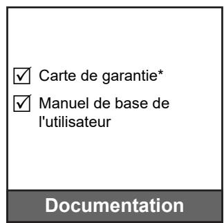 ✓ Carte de garantie* ✓ Manuel de base de l'utilisateur Documentation