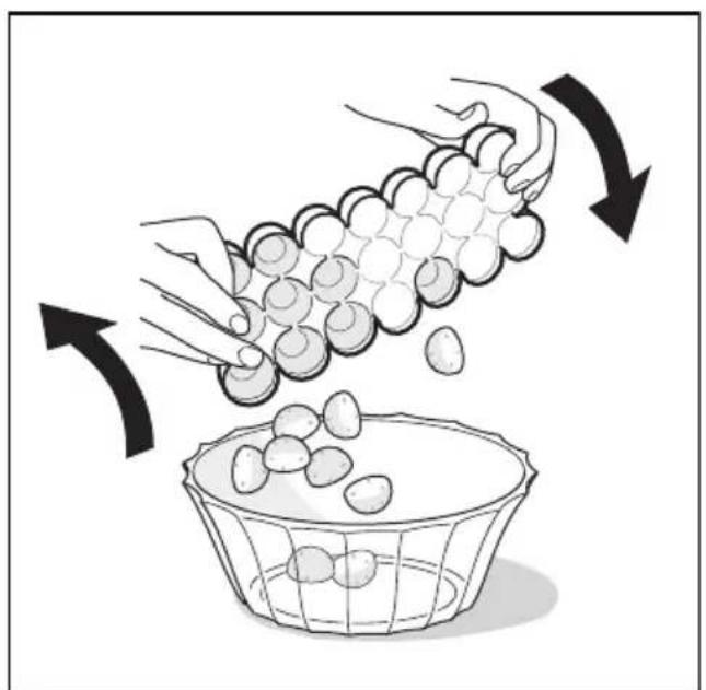 Illustration of hands pouring grains into a bowl with eggs, showing rotation arrows, no text or symbols present.