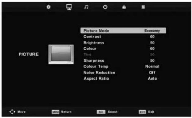Picture Mode Economy Contrast 60 Brightness 50 Colour 60 Text 50 Sharpness 50 Colour Temp Normal Noise Reduction Off Aspect Ratio Auto MOVE 返回 OK Select Exit Exit