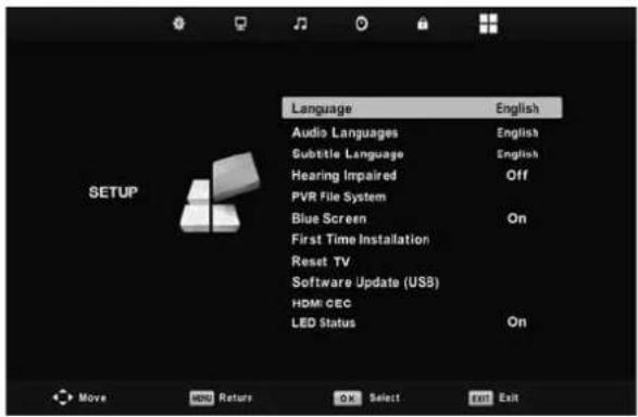 Language Audio Languages Subtitle Language Hearing Impaired PVR File System Blue Screen First Time Installation Reset TV Software Update (USB) HDMI CEC LED Status English English Off On On