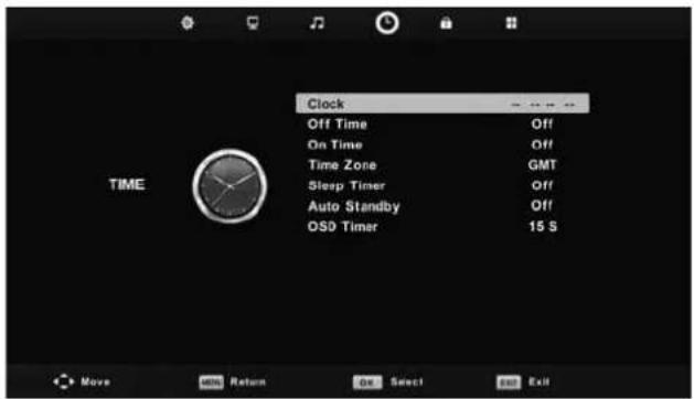 Clock Off Time Off On Time Off Time Zone GMT Sleep Timer Off Auto Standby Off OSD Timer 15 S