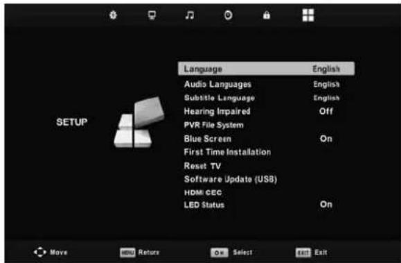 Language Audio Languages Subtitle Language Hearing Impaired PVR File System Blue Screen First Time Installation Reset TV Software Update (USB) HDMI CEC LED Status English English Off On On