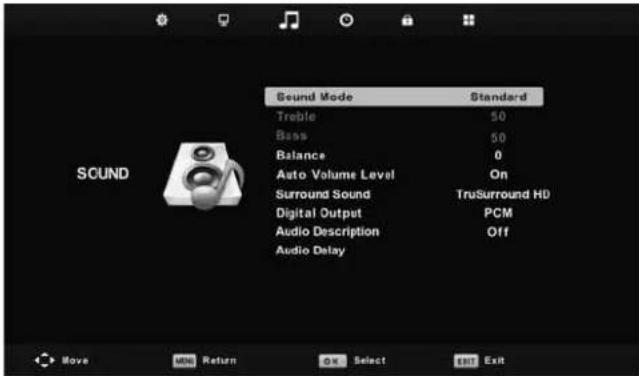 Sound Mode Treble 50 Bass 50 Balance 0 Auto Volume Level On Surround Sound TruSurround HD Digital Output PCM Audio Description Off Audio Delay Move MIE Return OK Select Exit Exit