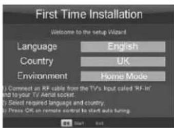 First Time Installation Welcome to the setup Wizard Language English Country UK Environment Home Mode (1) Connect an RF cable from the TV's input called 'RF-in' and to your TV Aerial socket. (2) Select required language and country, or Press OK on remote control to start auto turning.