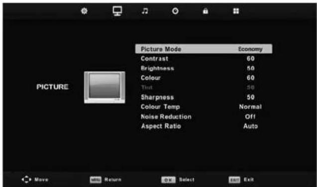 Picture Mode Economy Contrast 60 Brightness 50 Colour 60 Text 50 Sharpness 50 Colour Temp Normal Noise Reduction Off Aspect Ratio Auto Move Return On Select Exit