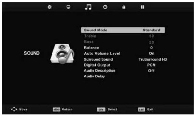 Sound Mode Standard Treble 50 Bass 50 Balance 0 Auto Volume Level On Surround Sound TruSurround HD Digital Output PCN Audio Description Off Audio Delay SOUND