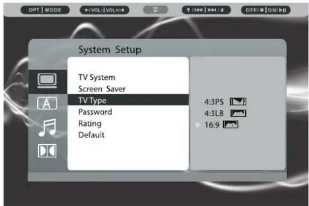 System Setup TV System Screen Saver TV Type Password Rating Default 4:3PS 4:3LB 16:9