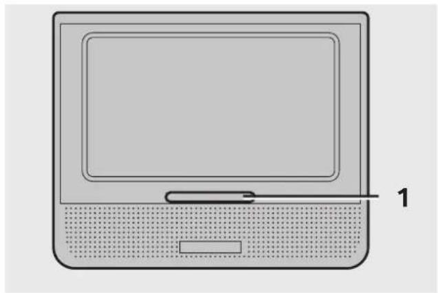 Line drawing of a laptop computer with a screen and indicator, labeled with number 1 (no text or symbols on the device itself)