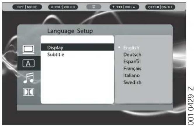 Language Setup Display Subtitle English Deutsch Espanöl Français Italiano Swedish