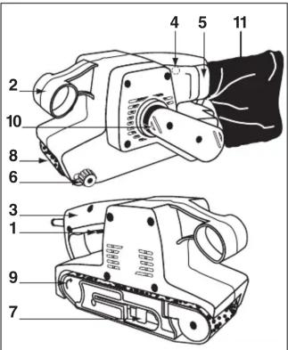 Technical diagram of a handheld device with numbered parts for identification