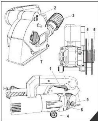 Technical diagram of a mechanical device with numbered components and labeled parts, including a Hz meter and motor assembly.