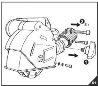 Technical diagram of a mechanical device with numbered components and directional arrows indicating assembly or movement.