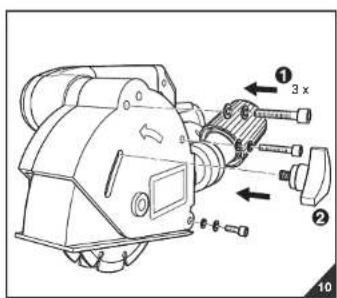 Technical diagram of a mechanical device with numbered parts and directional arrows indicating assembly or movement.