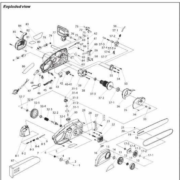 Exploded view 84 83 85 82 81 79 78 77 76 75 74 70 69 68 67 66 65 64 63 73 72 71 62 61 60 57-3 57-4 57-5+ 57-6 57-7 56 57-1 57-2 57-3 57-4 57-5+ 59 58 55 54 53 32-7 48 47 46 45 44 43 42 40-41 39 38 37-3 37-2 37-1 36 35 34 33 32-6 32-5 32-4 32-3 32-2 32-1 30 29 28 27 26 25 24 23 22 21 20 19 18 17-5 17-4 17-3 17-2 17-1 16 15 14 13 12 11 10 8-1 8-2 8-3 8-4 8-5 8-6 8-7