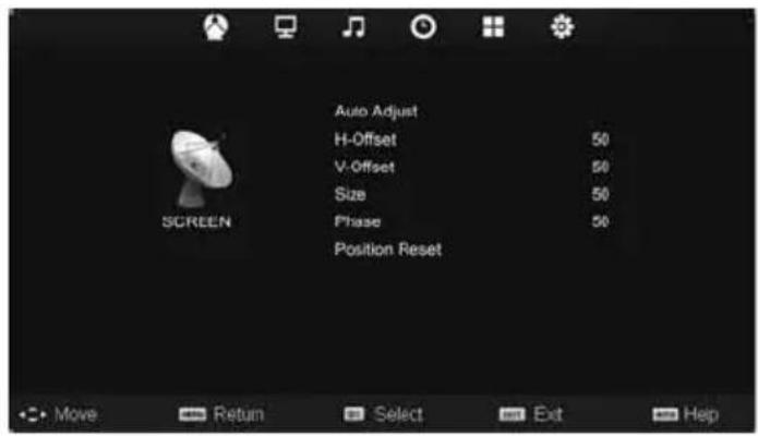 Auto Adjust H-Offset 50 V-Offset 50 Size 50 Phase 50 Position Reset SCREEN