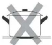 Simple line drawing of a cooking pot with crossed-out X marks (no text or symbols)