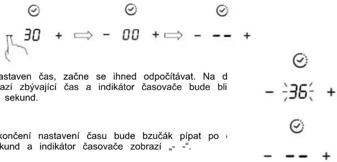 30 + ⇔ - 00 + ⇔ - -- + astaven čas, začne se ihned odpočítávat. Na d azí zbývající čas a indikátor časovače bude bli sekund. - 36 + končení nastavení času bude bzučák pípat po kund a indikátor časovače zobrazí „- “. - -- +