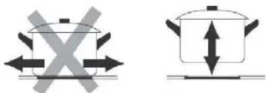 Diagram showing crossed cooking pan and cooking pot with directional arrows indicating heating or cooling process