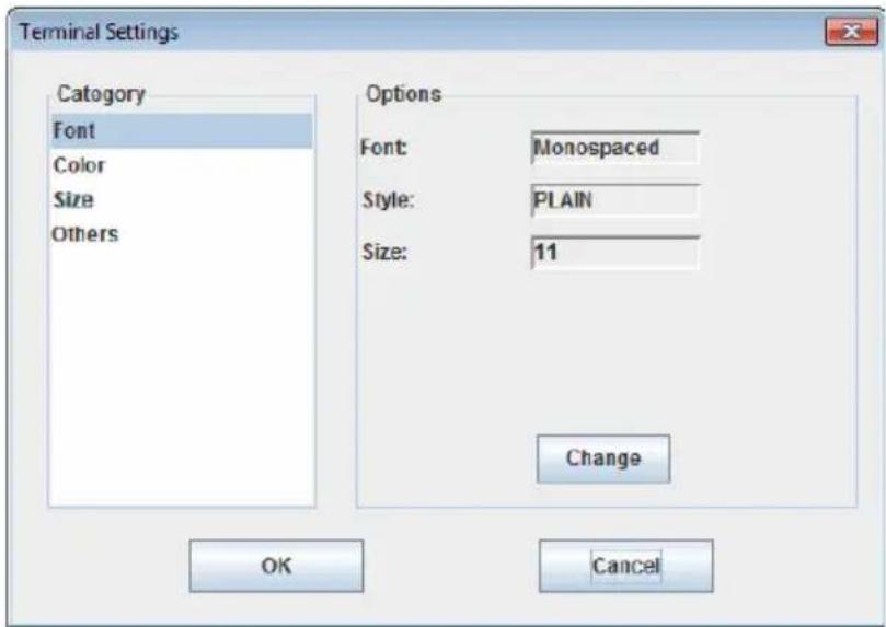 Terminal Settings Category Font Color Size Others Options Font: Monospaced Style: PLAIN Size: 11 Change OK Cancel