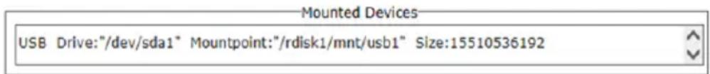 Mounted Devices USB Drive:"/dev/sda1" Mountpoint:"/rdisk1/mnt/usb1" Size:15510536192