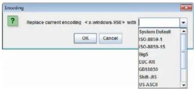 Encoding Replace current encoding with System Default ISO-8859-1 ISO-8859-15 Big5 EUC-KR GB18030 Shift-JIS US-ASCII