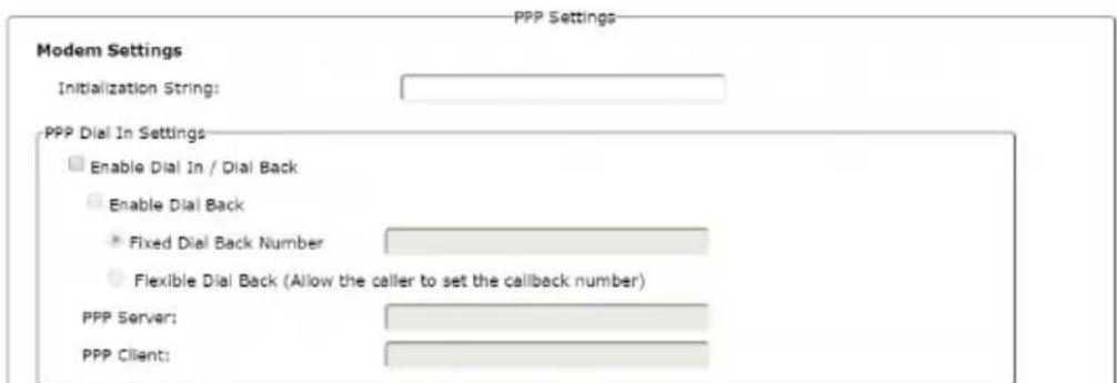 PPP Settings Modem Settings Initialization String: PPP Dial In Settings Enable Dial In / Dial Back Enable Dial Back Fixed Dial Back Number Flexible Dial Back (Allow the caller to set the callback number) PPP Server: PPP Client: