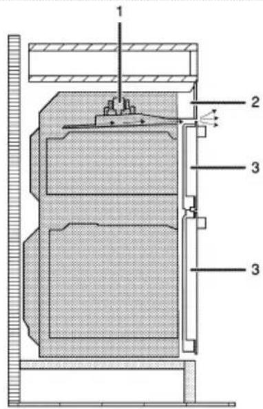 Technical diagram of a mechanical assembly with numbered components and directional arrows indicating flow or movement.