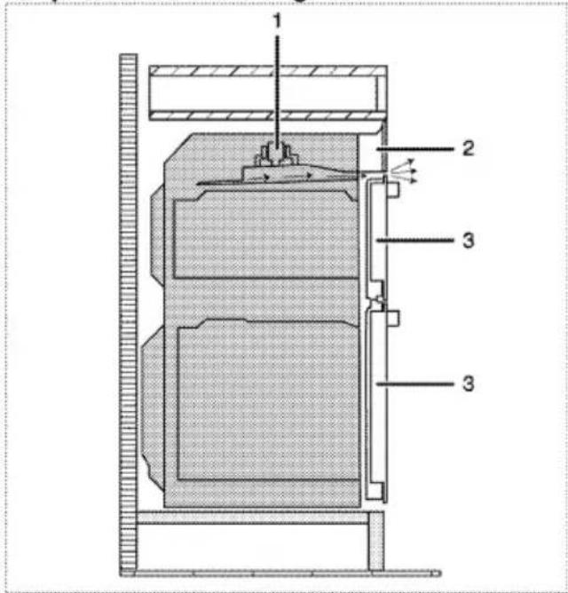 Technical diagram of a mechanical assembly with numbered components and directional arrows indicating flow or movement.