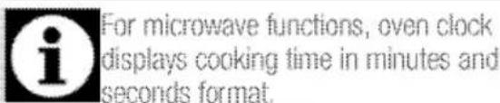 For microwave functions, oven clock displays cooking time in minutes and seconds format.
