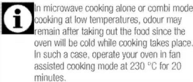 in microwave cooking alone or combi mode cooking at low temperatures, odour may remain after taking out the food since the oven will be cold while cooking takes place. In such a case, operate your oven in fan assisted cooking mode at 230 °C for 20 minutes.