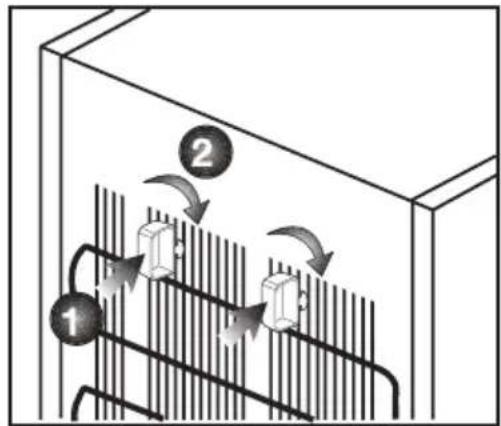 Diagram showing airflow or heat transfer between two labeled components (1 and 2) within a container, with arrows indicating direction of movement.