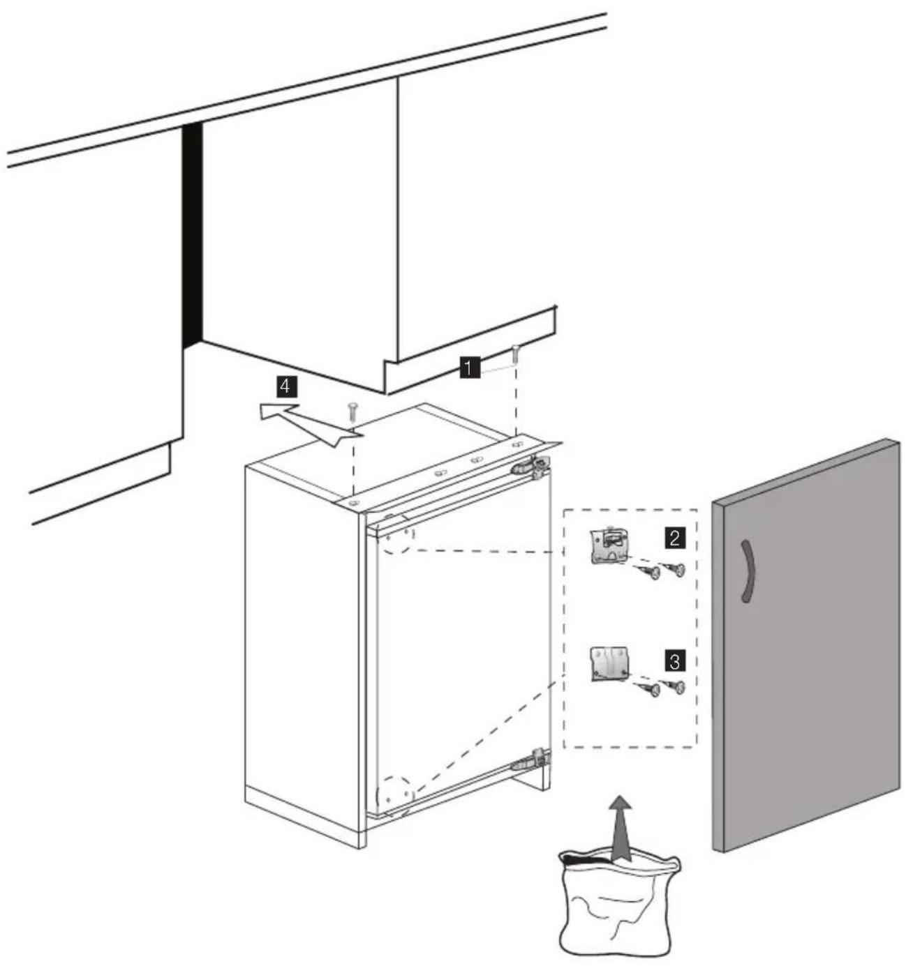 Diagram of a kitchen appliance assembly showing labeled parts and a bag with upward arrow indicating movement or assembly.