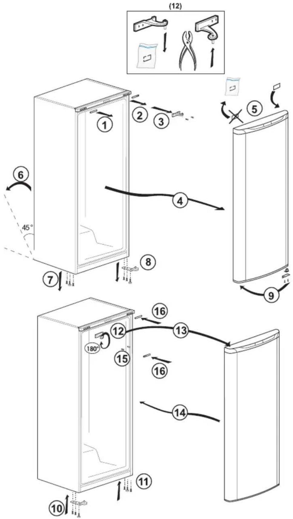 Diagram illustrating the step-by-step installation of a refrigerator with numbered instructions and a magnified view showing cleaning steps.