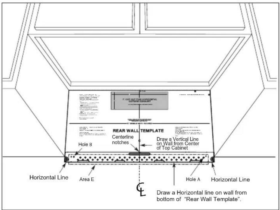 F OUT OUT FOR-HORISMOHAL OPTIONAL TEMPLATE REAR WALL TEMPLATE Centerline notches Draw a Vertical Line on Wall from Center of Top Cabinet Hole B Horizontal Line Area E Hole A Horizontal Line Draw a Horizontal line on wall from bottom of "Rear Wall Template".