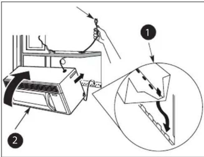 Diagram illustrating the installation of an air conditioner with labeled parts and a magnified detail showing internal components.