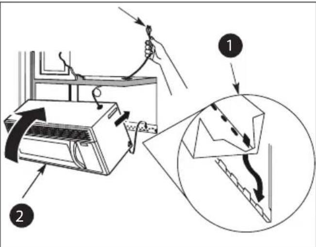 Diagram illustrating the installation of an air conditioner with labeled parts and a magnified detail showing internal components.