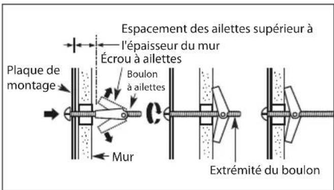 Plaque de montage Espanement des ailettes supérieur à l'épaisseur du mur Écrou à ailettes Boulon à ailettes Mur Extrémité du boulon