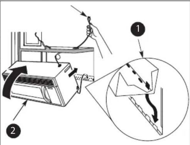 Diagram illustrating the process of removing air ducts into a fan, with labeled parts and magnified detail view.