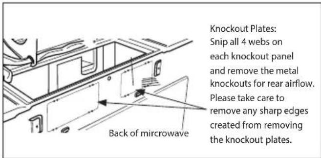 Knockout Plates: Snip all 4 webs on each knockout panel and remove the metal knockouts for rear airflow. Please take care to remove any sharp edges created from removing the knockout plates. Back of microwave
