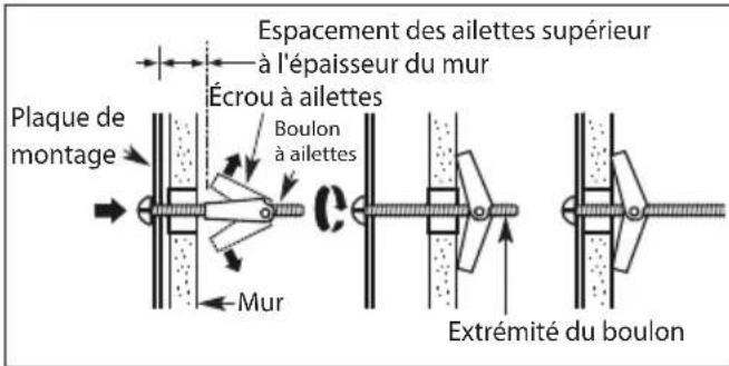 Plaque de montage Espacement des ailettes supérieur à l'épaisseur du mur Écrou à ailettes Boulon à ailettes Mur Extrémité du boulon
