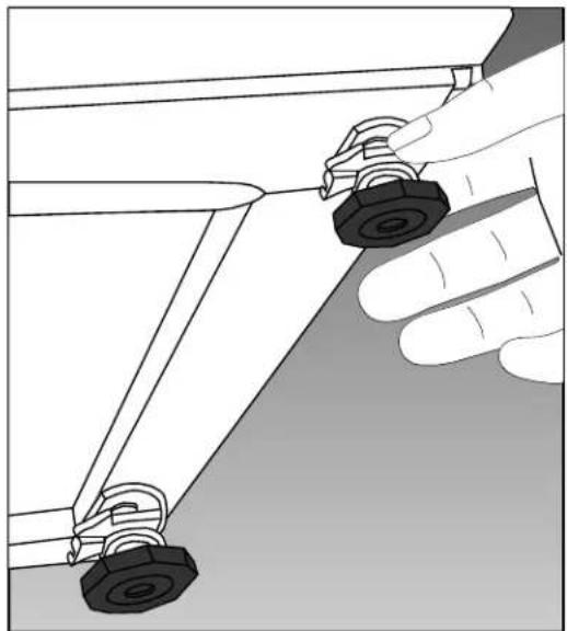 Illustration of a hand adjusting a mechanical component with two black bolts (no text or symbols).