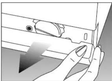 Line drawing of a hand pressing down on a device component (no text or symbols visible)