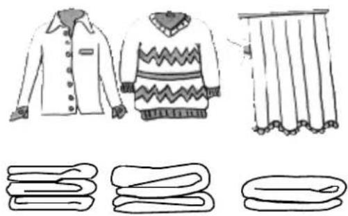 Illustration of two women's clothes and a skirt with folded sheets below (no text or symbols).